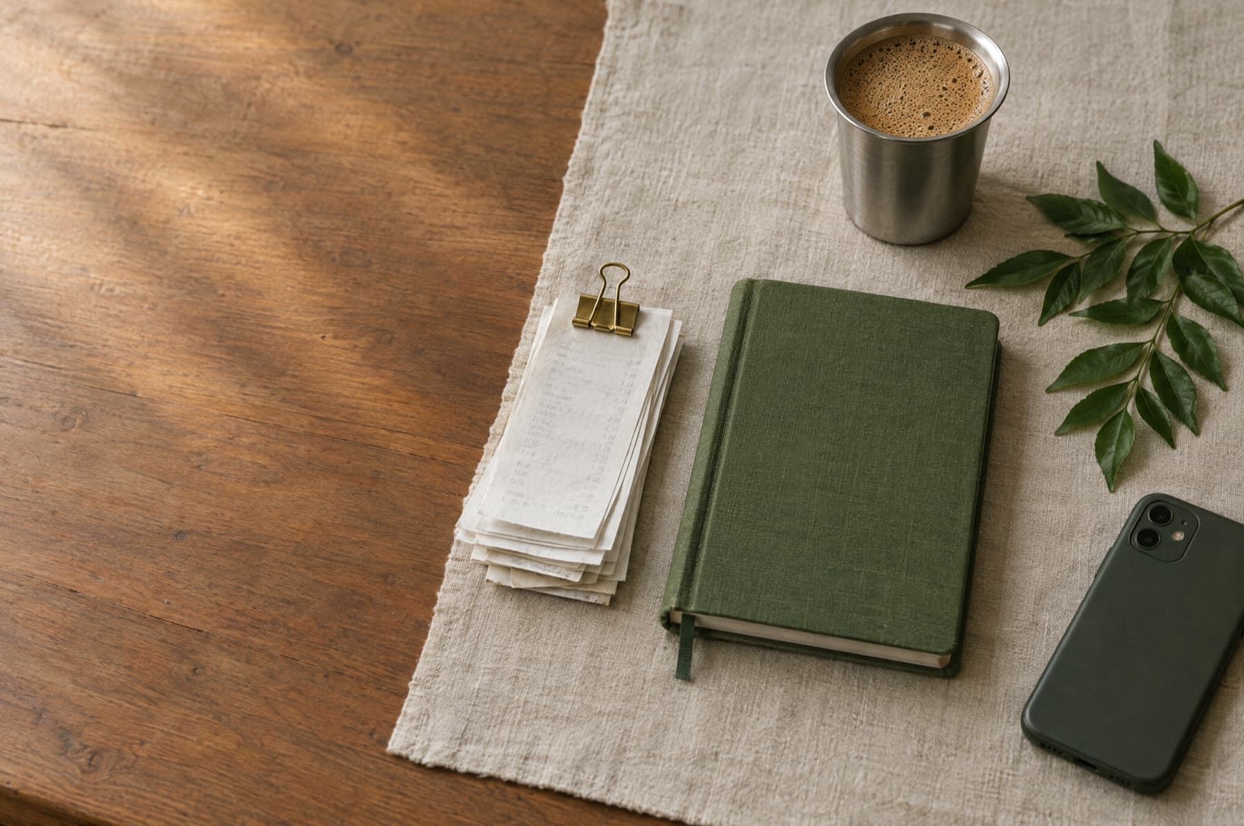 Receipts, a green ledger and a coffee, neatly on a desk