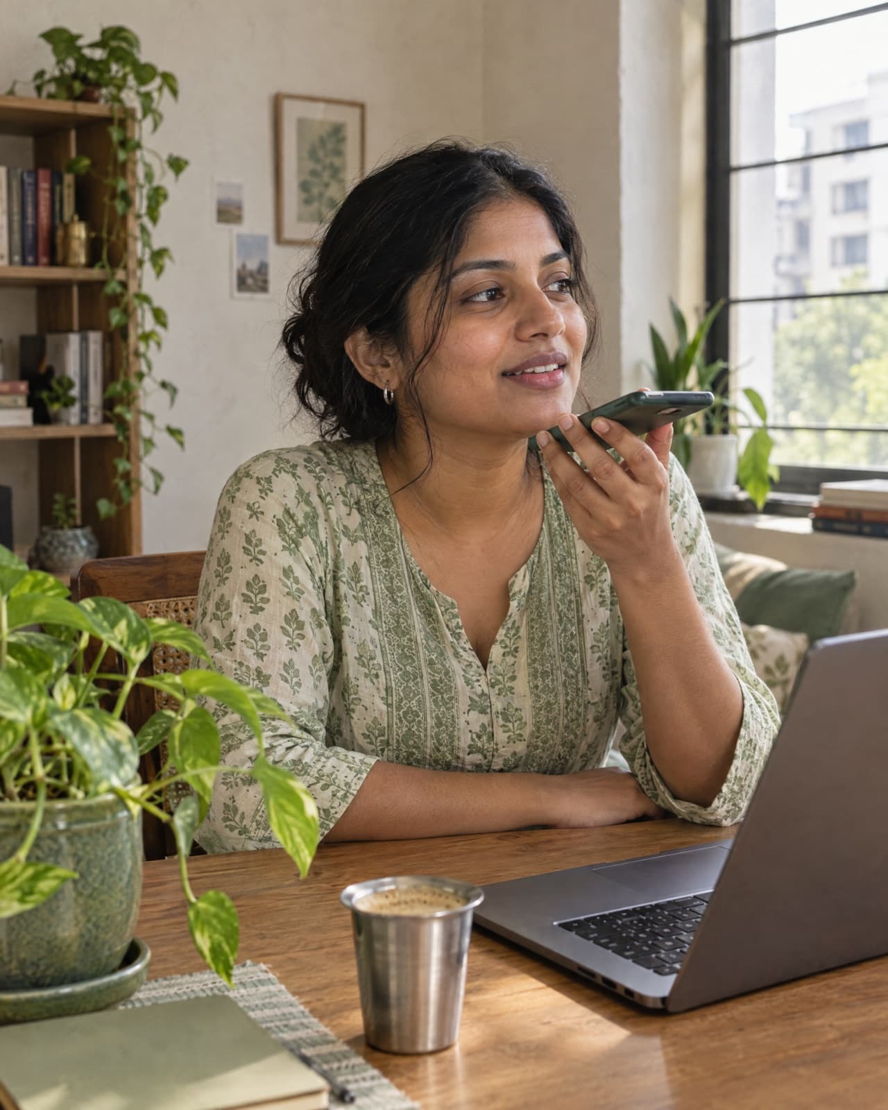A freelancer at her desk saying an invoice into her phone
