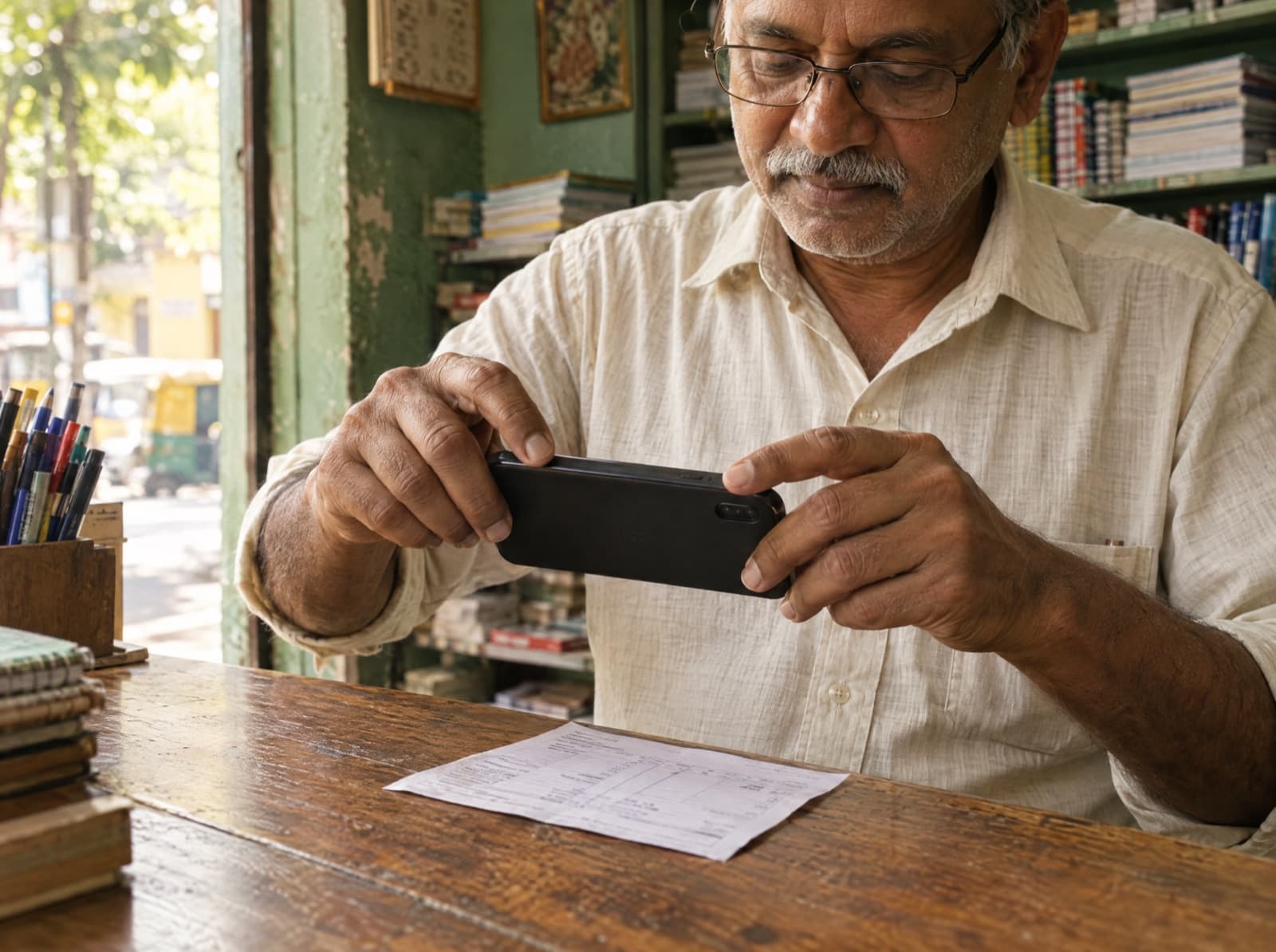 A shopkeeper photographing a paper bill on his counter
